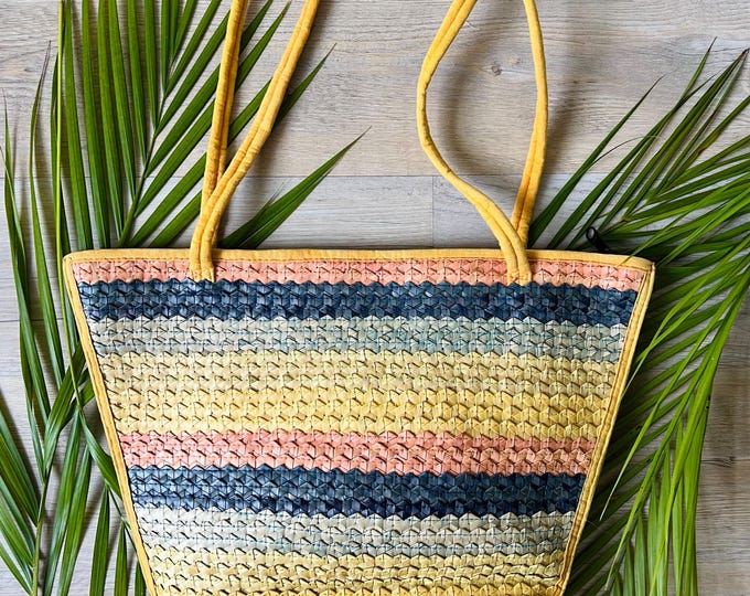 Vintage Rainbow Rattan Woven Zipper Pouch / Beach Bag