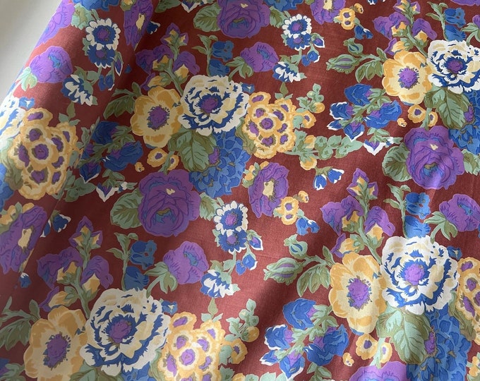 Vintage Thai Silk Fabric, by The Yard, Brown Purple Yellow Floral Print