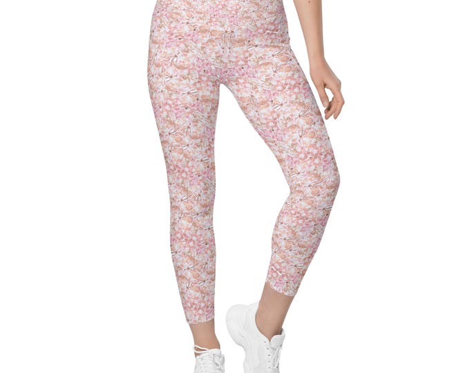 Leggings With Pockets Pink Tropical Florals, Size Inclusive, Plus Size
