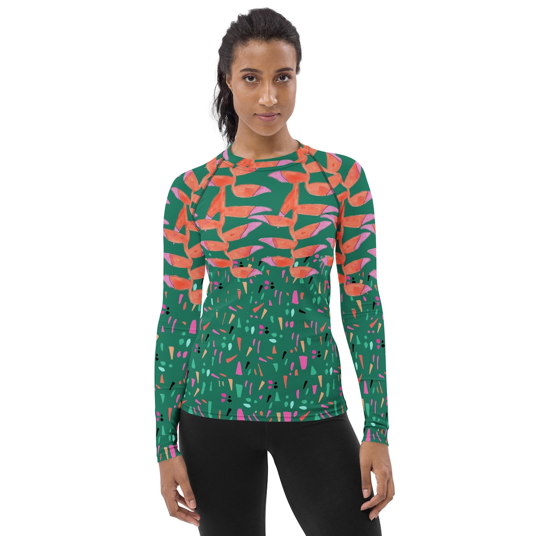 Erica Rash Guard Women's Rash Guard Emerald Green Heliconia Tropical Florals - Etsy