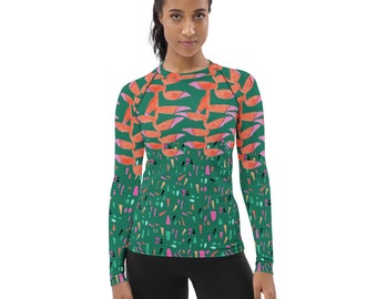 Women's Rash Guard Emerald Green Heliconia Tropical Florals