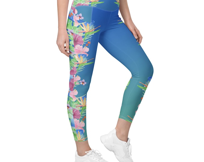 Leggings With Pockets Blue Tropical Print , Size Inclusive, Plus Size