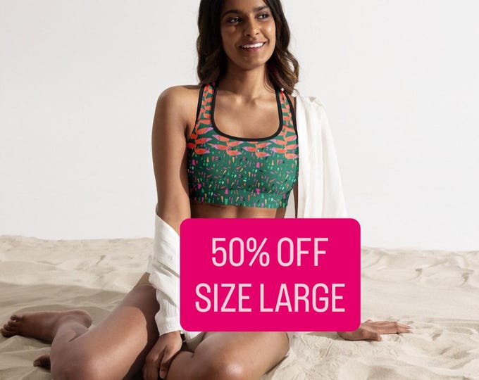 WAS 49.99 NOW 24.99 SIZE large , Women’s Padded Sports Bra, Emerald Green Heliconia , Tropical Floral print