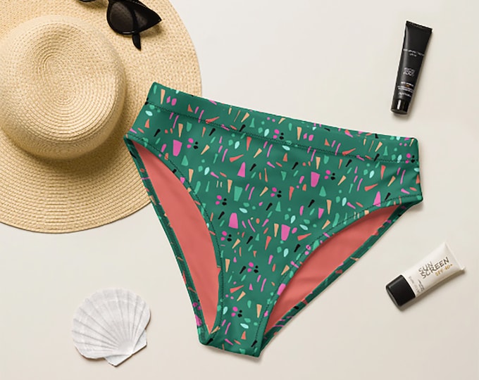 Recycled high-waisted bikini bottom Teal Green Tropical Florals