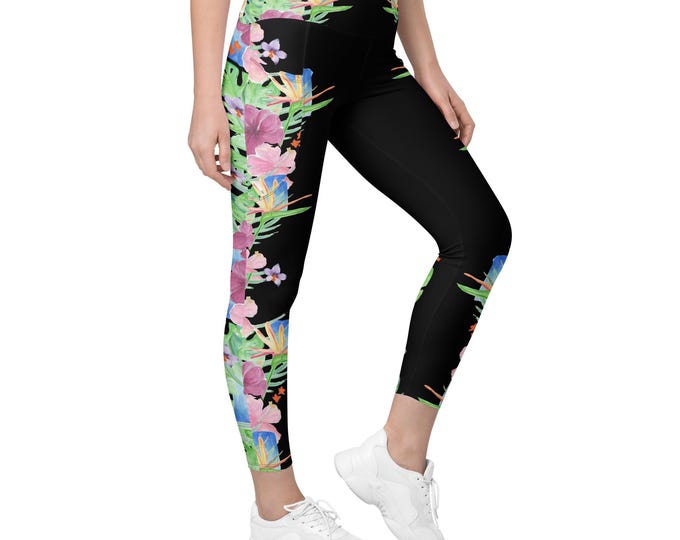 Leggings With Pockets Black Hawaiian Print , Size Inclusive, Plus Size