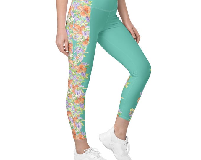 Leggings With Pockets Aqua Turquoise, Tropical Floral Print, Size Inclusive, Plus Size