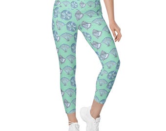 Leggings with pockets Aqua Blue Seashells, Size inclusive, Plus size