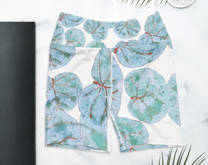 Biker Shorts, High Waist Yoga Shorts, Sea Grape Print , Tropical Leaves