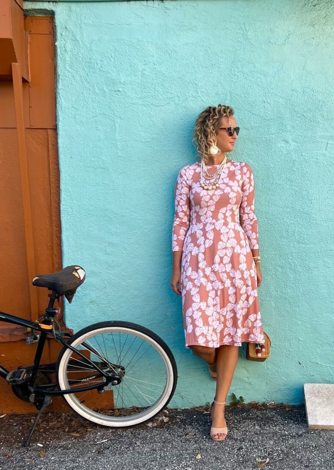 Long Sleeve Rust Peach Floral Dress Midi Dress Modest - Etsy