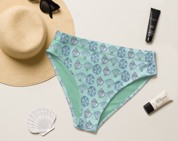 Recycled High-Waisted Bikini Bottom Ocean Blue Seashells