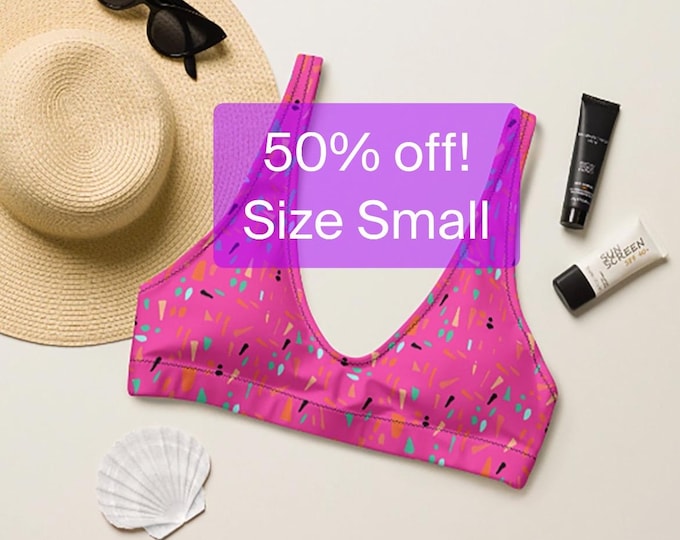 WAS 46.00 NOW 23.00 , Size SMALL, Recycled Padded Bikini Top Hot Pink Abstract Print