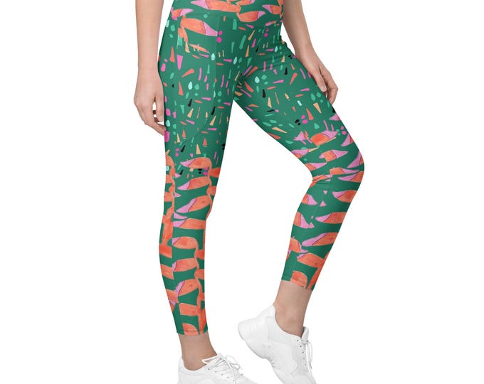 Crossover leggings with pockets Green Abstract Heliconia Tropical Print, Size Inclusive, Plus Size