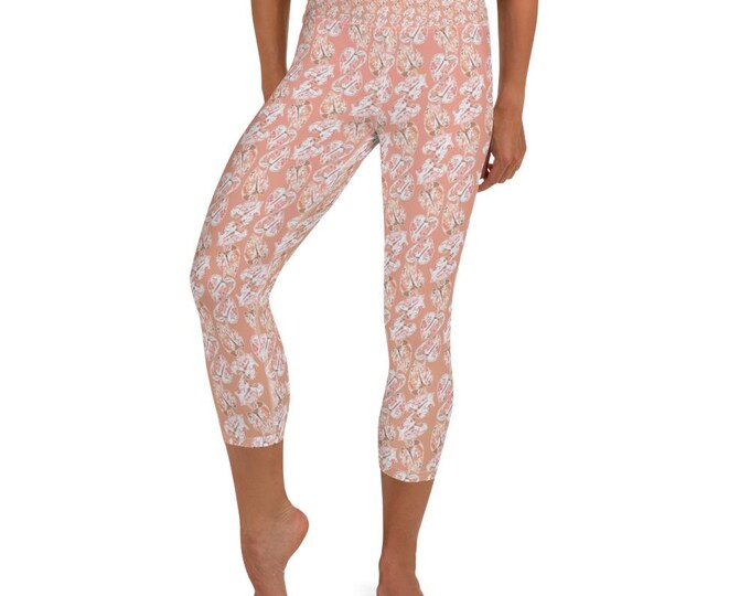 Yoga Capri Leggings Peach Coral Anthurium Print