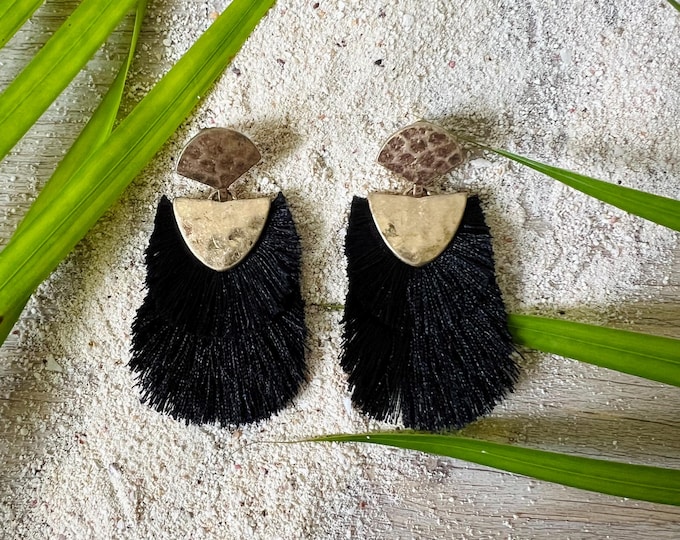 Vintage Black and Gold Fringe Earrings, Boho Style