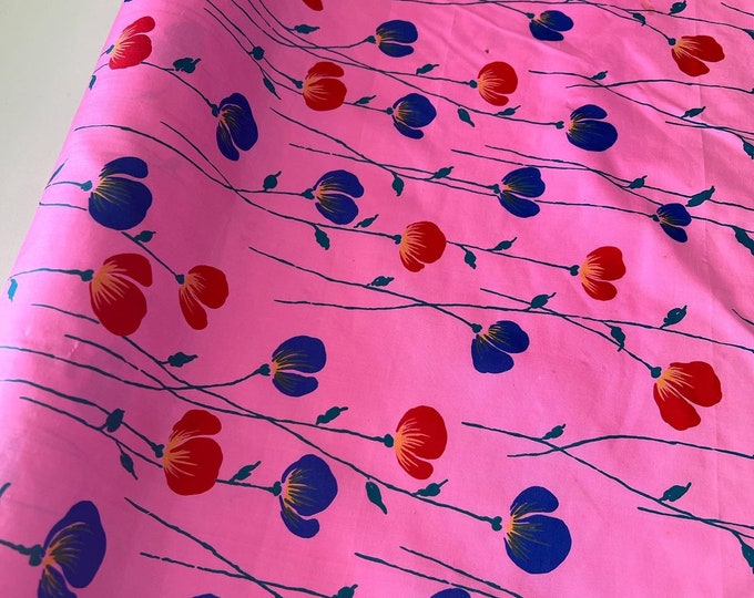 Vintage Thai Silk Fabric, by The Yard, Pink Red Blue Floral Print