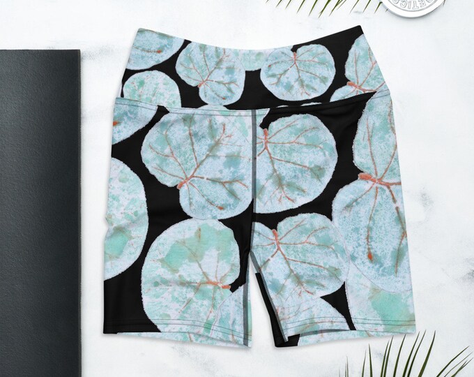 Biker Shorts, High Waist Yoga Shorts, Sea Grape Print Black