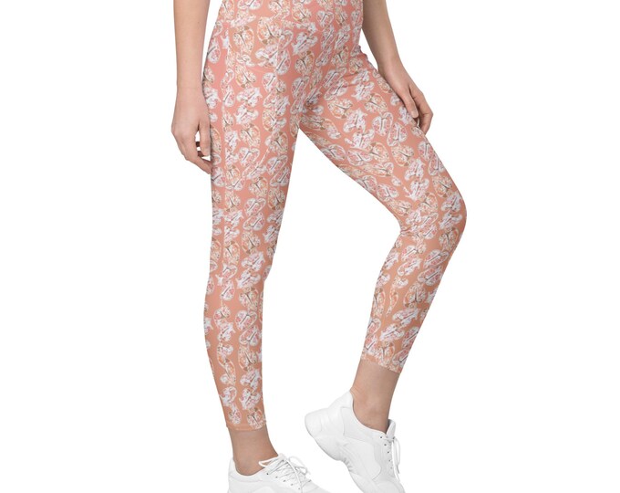 Crossover leggings with pockets Peach Fuzz Anthurium, Size Inclusive, Plus Size