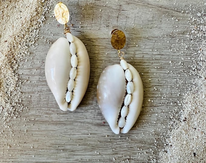 Cowrie Shell Earrings with Seed Pearl Inlay, 18k Gold-Plated Dangle Jewelry
