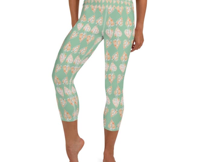 Yoga Capri Leggings Mint Green Anthurium, Floral Print, lime cream