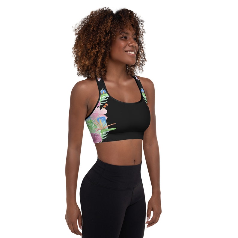 Women's Padded Sports Bra, Black Tropical Print image 3