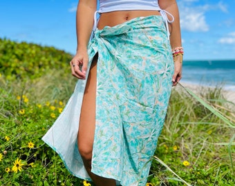 Sarong Organic Cotton Blue Green Leaf Print, Beach Cover up, Tropical Print