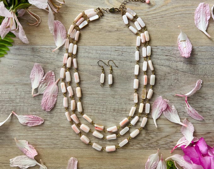 Blush Pink Stone Necklace and Earring set Beachy Boho Jewelry