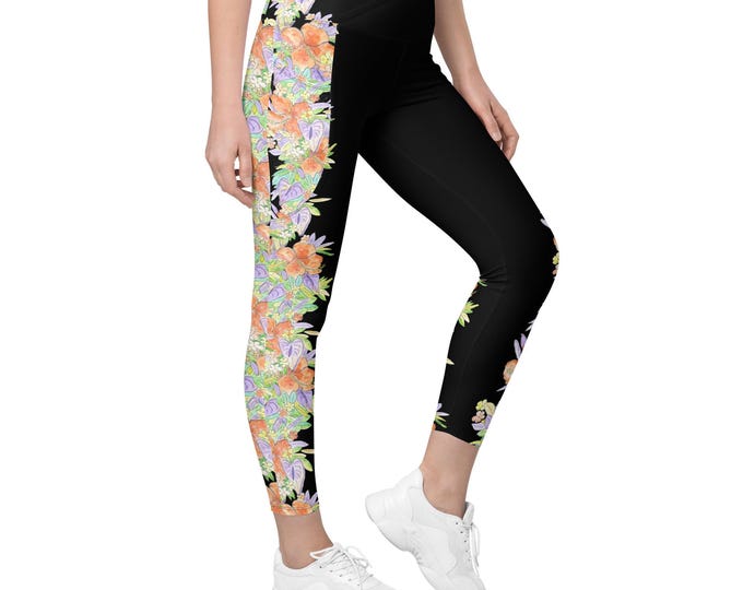 Crossover leggings with pockets Black Tropical Print , Size Inclusive, Plus Size