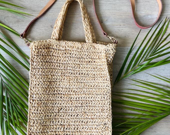 Woven Straw Bag with Removable Leather Strap, Lined with Linen