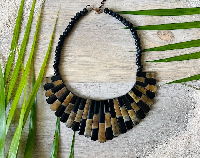 Vintage Black and Tan Tribal Necklace, Tropical Necklace, Island Style
