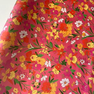 Vintage Thai Silk Fabric, by The Yard ,Pink Yellow Gold, Spring Floral Print