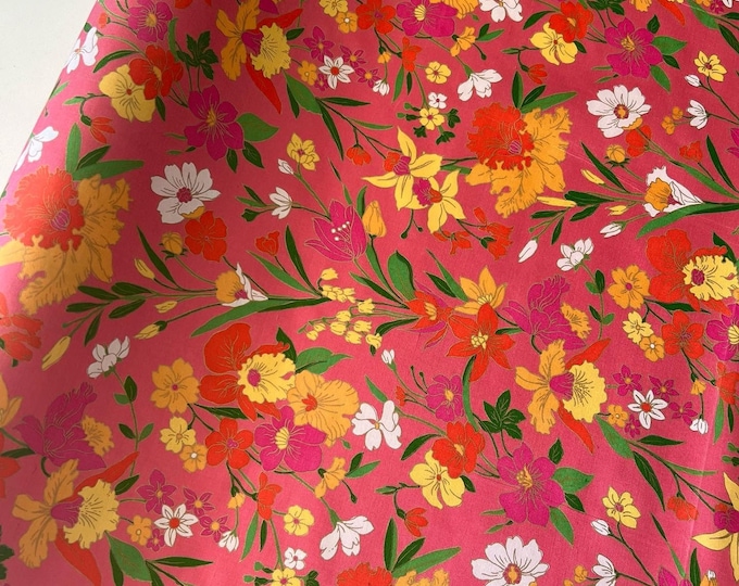 Vintage Thai Silk Fabric, by The Yard ,Pink Yellow Gold, Spring Floral Print