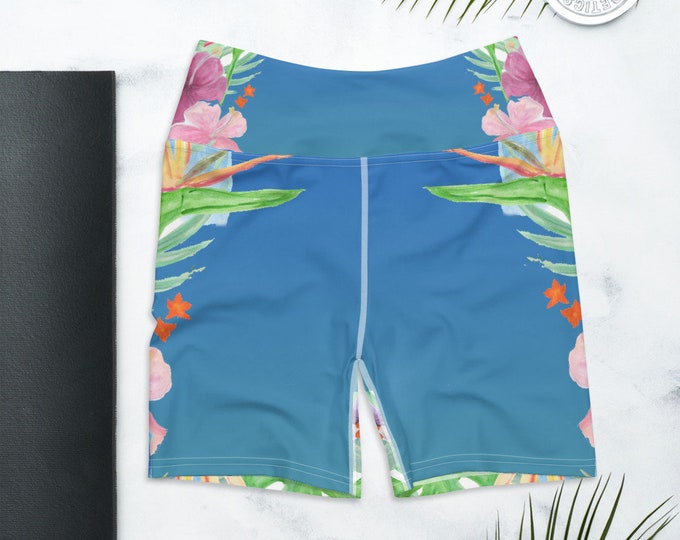 Biker Shorts, High Waist Yoga Shorts , Hawaiian Print , Tropical Floral Print