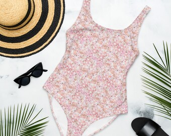One-Piece Swimsuit Low Back Pink Tropical Florals