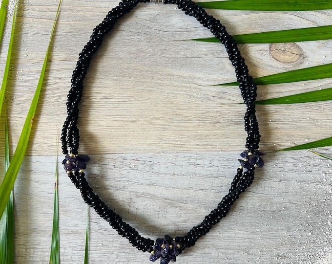 Vintage Black, Faux Gold Beads and Purple Gemstone Necklace