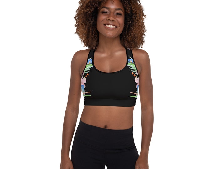 Women's Padded Sports Bra, Black Tropical Print