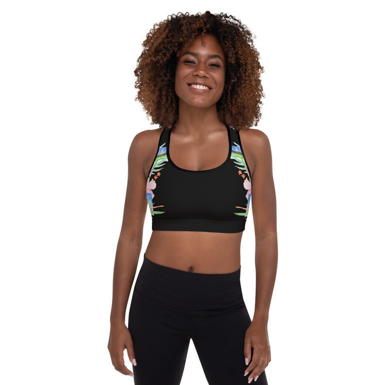 Women's Padded Sports Bra, Black Tropical Print image 1