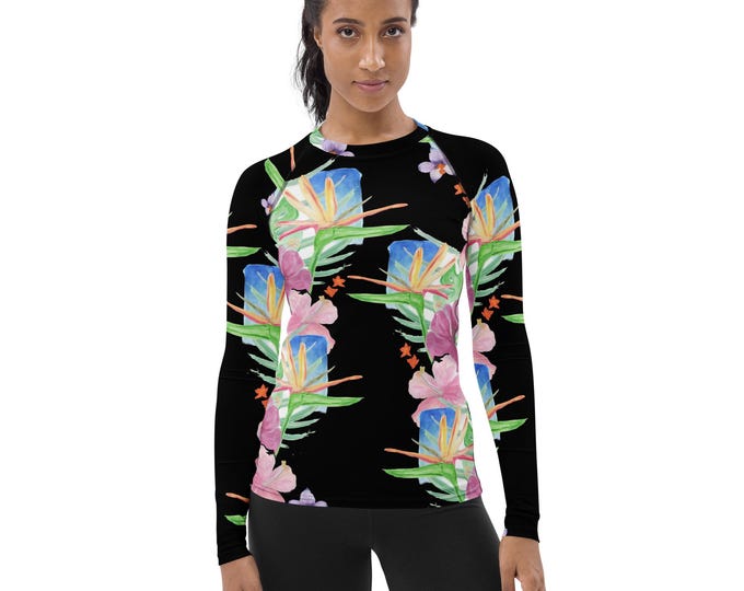 Women's Rash Guard, Black Hawaiian Floral Print
