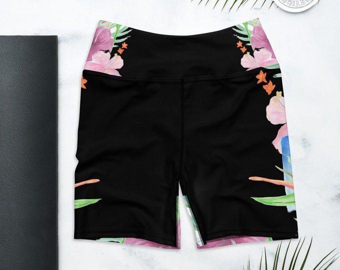 Biker Shorts, High waist Yoga Shorts, Biker Short Outfit , Black Tropical Print