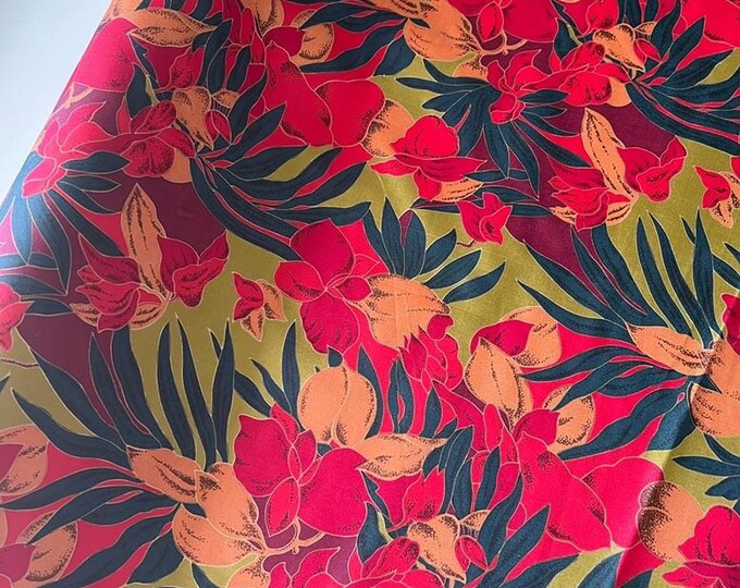 Vintage Thai Silk Fabric, by The Yard, Green Red Tropical Floral Print