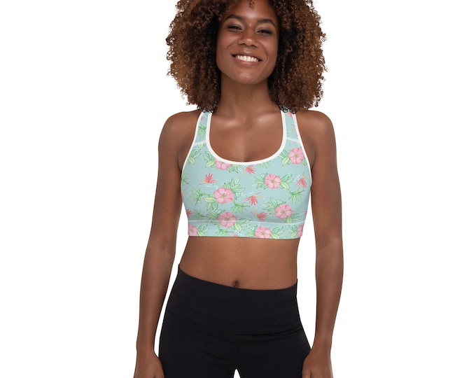 Women's Padded Sports Bra, Tropical Floral Print