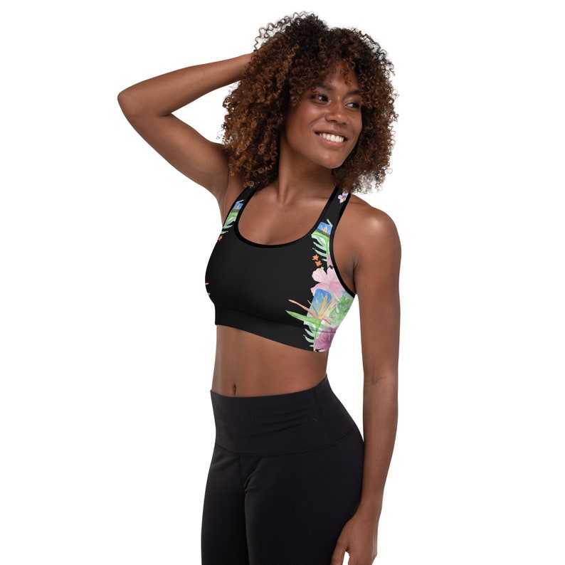 Women's Padded Sports Bra, Black Tropical Print image 2