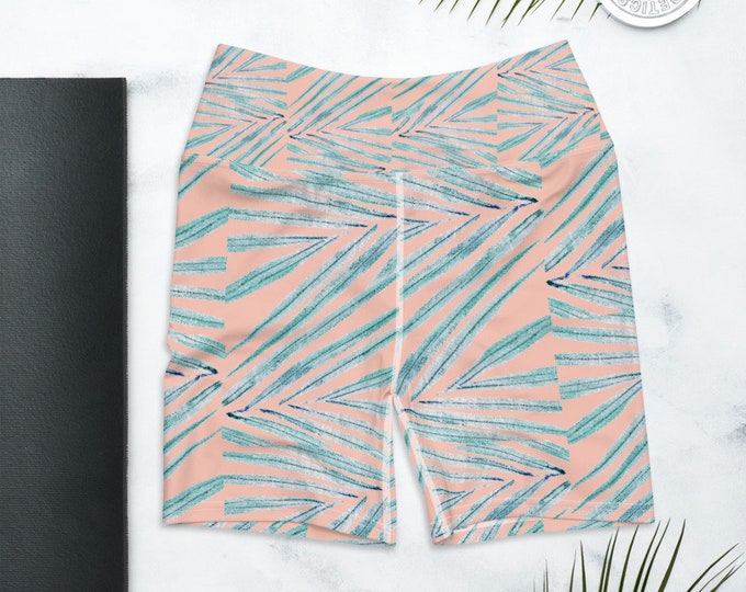 Biker Shorts, High Waist Yoga Shorts, Palm Leaf Print , Coral Blush Pink