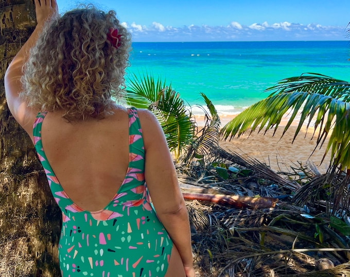One-Piece Swimsuit Teal Green Tropical Florals