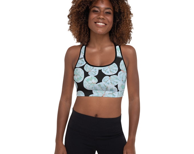 Women's Padded Sports Bra, Sea Grape Print Black