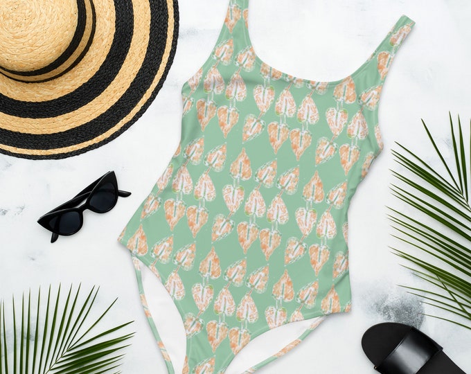 Backless One-Piece Swimsuit, Low Back Mint Green Anthurium, lime cream
