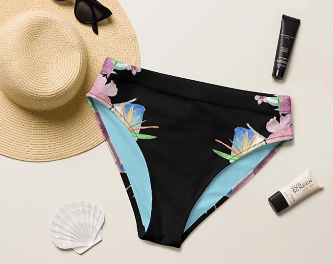 Recycled High-Waisted Bikini Bottom Black Hawaiian Print