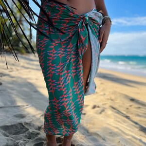 Sarong Organic Cotton Gauze Emerald Green, Tropical Leaves, Beach Cover up, Heliconia Tropical Florals, Kelly Green image 4