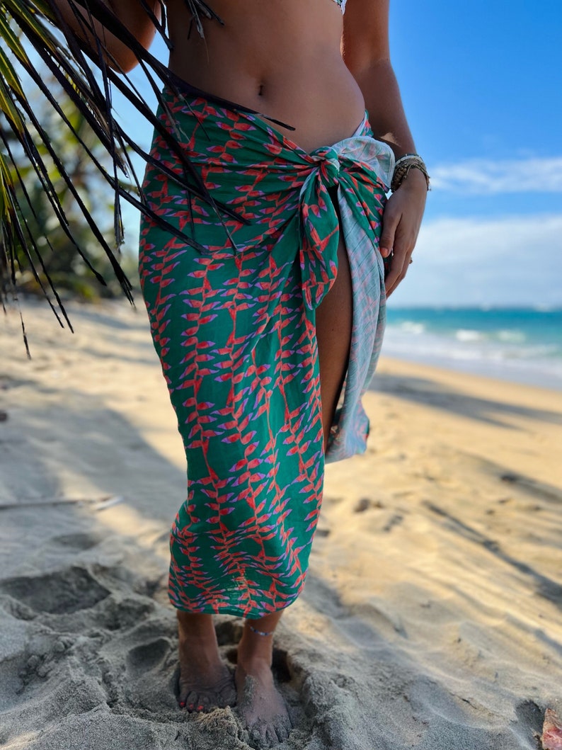 Sarong Organic Cotton Gauze Emerald Green, Tropical Leaves, Beach Cover up, Heliconia Tropical Florals, Kelly Green image 4