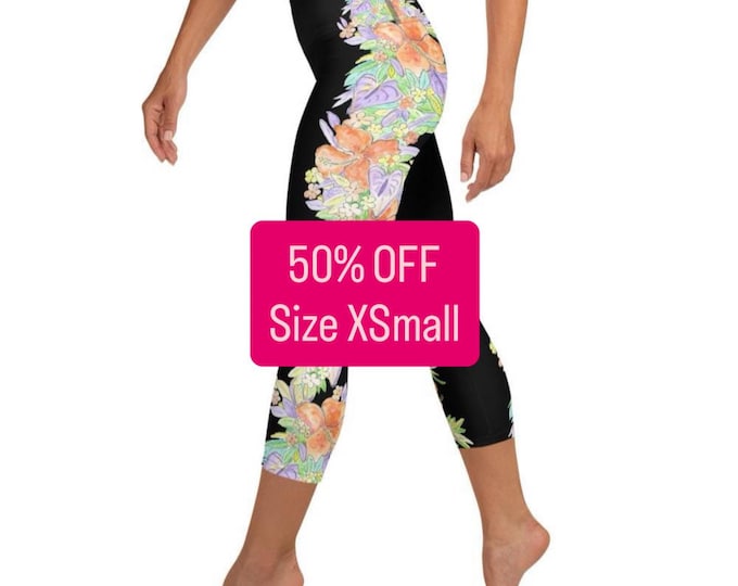 WAS 55.99 NOW 27.99  SIZE ex small , Yoga Capri Leggings Black Tropical Floral Print