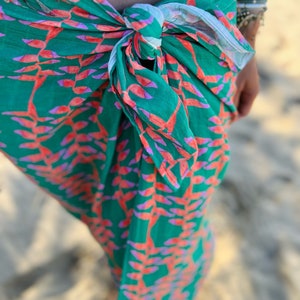 Sarong Organic Cotton Gauze Emerald Green, Tropical Leaves, Beach Cover up, Heliconia Tropical Florals, Kelly Green image 3